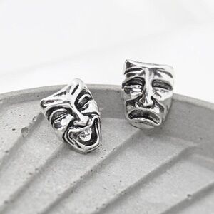 Silver Theatrical Mask Stud Earrings